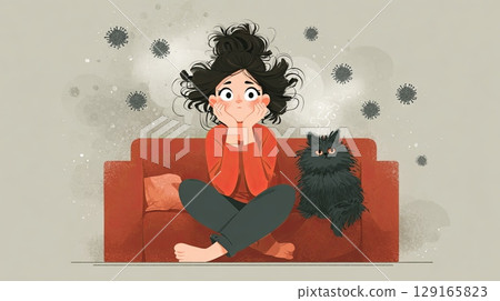 Anxious Woman with Cat on Couch During Pandemic Anxious Woman with Cat on Couch During Pandemic 129165823