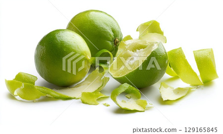 Fresh Whole and Peeled Limes on White Background 129165845