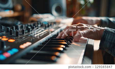 Hands Playing Synthesizer Keyboard in Studio Hands Playing Synthesizer Keyboard in Studio 129165847