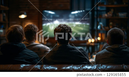 Friends Watching Soccer Game on TV in Cozy Living Room Friends Watching Soccer Game on TV in Cozy Living Room 129165855