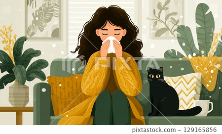 Woman Sneezing on Couch with Cat in Cozy Living Room Woman Sneezing on Couch with Cat in Cozy Living Room 129165856