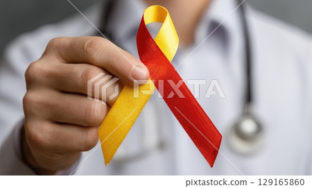 Doctor Holding Red and Yellow Awareness Ribbon 129165860