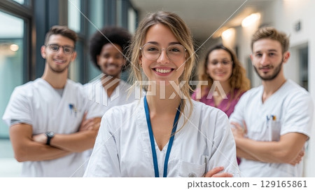 Diverse Medical Team Smiling in Hospital Corridor Diverse Medical Team Smiling in Hospital Corridor 129165861