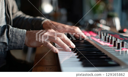 Musician Playing Electric Keyboard in Studio Musician Playing Electric Keyboard in Studio 129165862