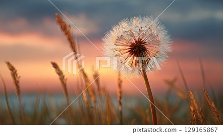 Dandelion at Sunset in Tranquil Field 129165867