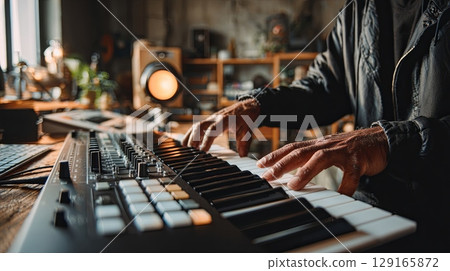 Music Producer Playing Synthesizer in Studio 129165872