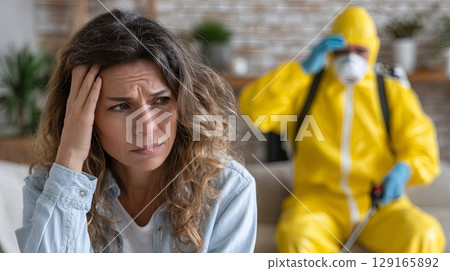 Concerned Woman with Pest Control Worker in Background Concerned Woman with Pest Control Worker in Background 129165892