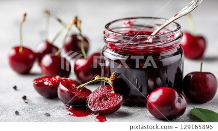 Fresh Cherry Jam in Glass Jar with Whole Cherries 129165896
