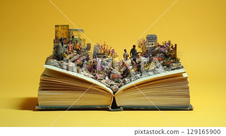 Miniature World on Open Book with Yellow Background 129165900