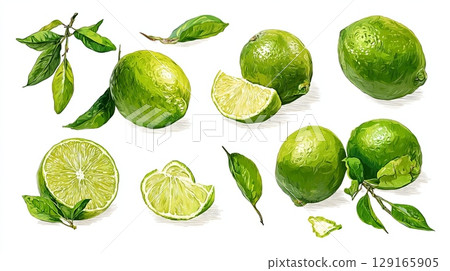 Fresh Limes and Leaves Illustration on White Background 129165905