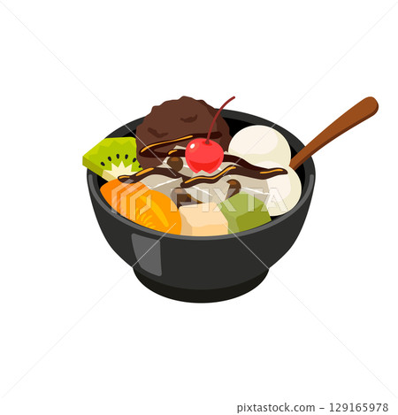 Anmitsu with brown sugar syrup (with spoon) - Flat vector illustration 129165978