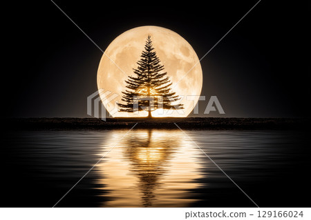 Majestic Tree Silhouetted Against a Full Moon Over Tranquil Water at Night Majestic Tree Silhouetted Against a Full Moon Over Tranquil Water at Night 129166024