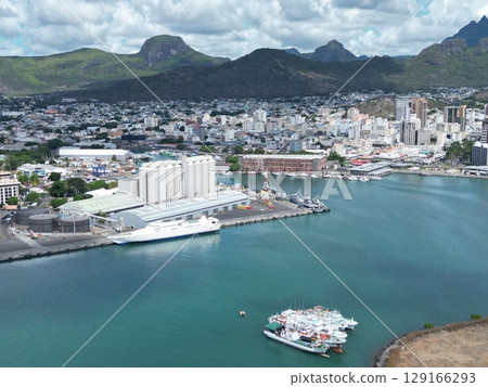 Aerial view of the harbor scenery of Port Louis, an island nation in the Indian Ocean 129166293