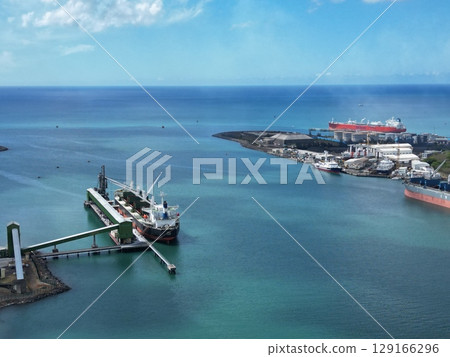 Aerial view of the harbor scenery of Port Louis, an island nation in the Indian Ocean Aerial view of the harbor scenery of Port Louis, an island nation in the Indian Ocean 129166296