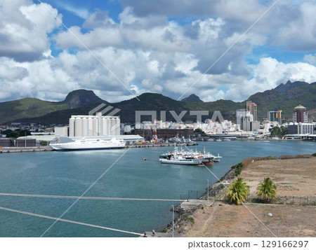 Aerial view of the harbor scenery of Port Louis, an island nation in the Indian Ocean Aerial view of the harbor scenery of Port Louis, an island nation in the Indian Ocean 129166297