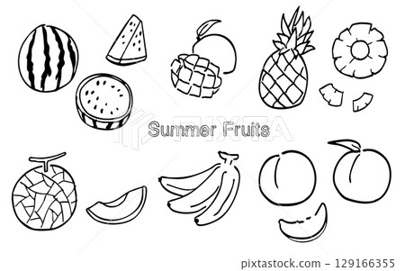 夏季水果線描套裝:簡單的插圖,也可用於著色書 夏季水果線描套裝:簡單的插圖,也可用於著色書 129166355