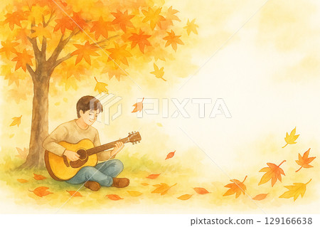 Illustration of a man playing guitar among autumn leaves 129166638
