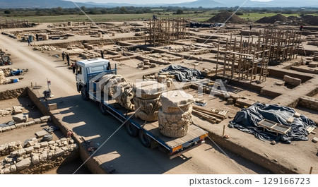 Aerial View Of A Construction Site With Transport Truck Moving Stone Structures Under Daylight 129166723