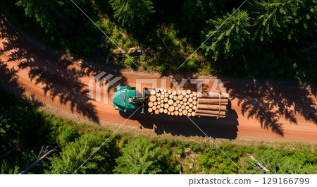 Aerial View Of Green Truck Transporting Logs On Dirt Road In Sunlight With Shadows In Lush Green Forest 129166799