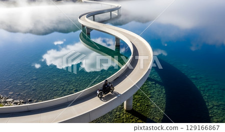 Aerial View Of Winding Concrete Bridge Over Serene Lake Reflecting Sky And Fog With Vehicle 129166867