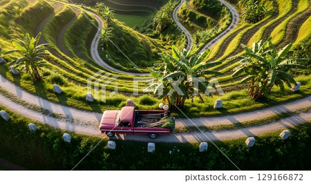 Aerial View Of Winding Road With Vintage Red Truck On Green Terraced Landscape 129166872