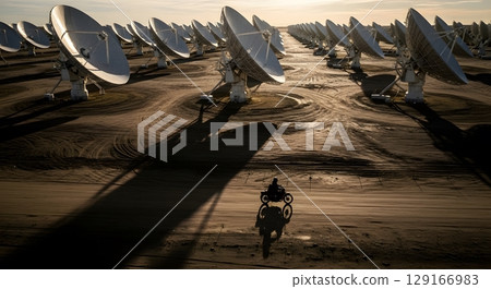 Person Driving Atv Through a Vast Array of Satellite Dishes at Sunset in a Desert Landscape Person Driving Atv Through a Vast Array of Satellite Dishes at Sunset in a Desert Landscape 129166983