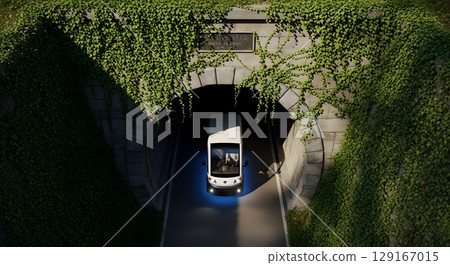 White Van Entering Stone Tunnel Covered In Green Foliage with Blue Headlights in Top Down View White Van Entering Stone Tunnel Covered In Green Foliage with Blue Headlights in Top Down View 129167015