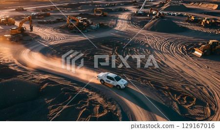 White Vehicle Driving On Dusty Dirt Road Among Construction Equipment And Sand Piles Under Warm Sunlight White Vehicle Driving On Dusty Dirt Road Among Construction Equipment And Sand Piles Under Warm Sunlight 129167016