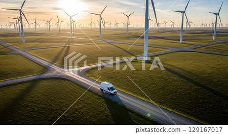 White Vehicle Driving Towards Wind Turbines In A Grassy Field At Sunset 129167017