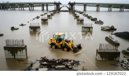 Yellow Bulldozer Operating On Bridge Construction Site With Concrete Pillars In Cloudy Environment 129167022