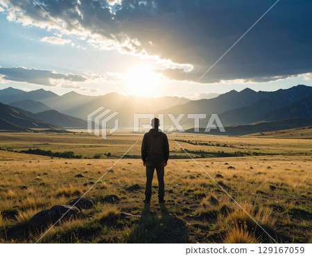 A man standing facing the sunset A man standing facing the sunset 129167059
