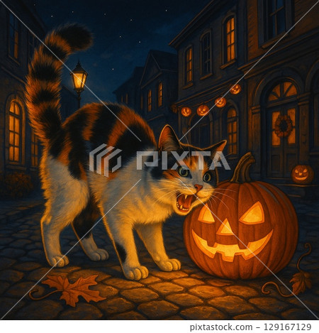 Halloween Material: Sher Cat and Jack-o'-Lantern - Generative AI Halloween Material: Sher Cat and Jack-o'-Lantern - Generative AI 129167129