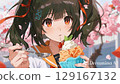 盛開的櫻花和吃刨冰的女孩 129167132