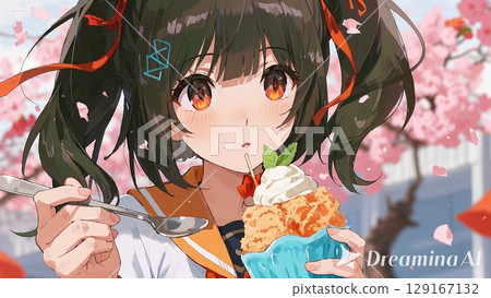 Cherry blossoms in full bloom and a girl eating shaved ice Cherry blossoms in full bloom and a girl eating shaved ice 129167132