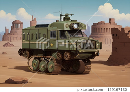 Game background: Steampunk military tank running through the desert 129167180
