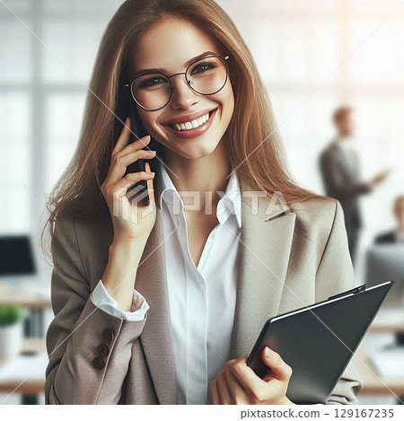 A smiling businesswoman holding a tablet 129167235
