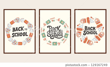 Back to school simple poster set. Trendy school banners, backgrounds. Modern design with school supplies, education stickers, doodle. Back to school, college, study concept. 129167249