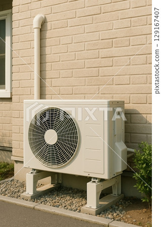 安裝在房屋外牆上的空調室外機 129167407