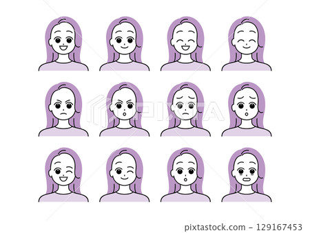 具有各種面部表情的女性插圖集 具有各種面部表情的女性插圖集 129167453