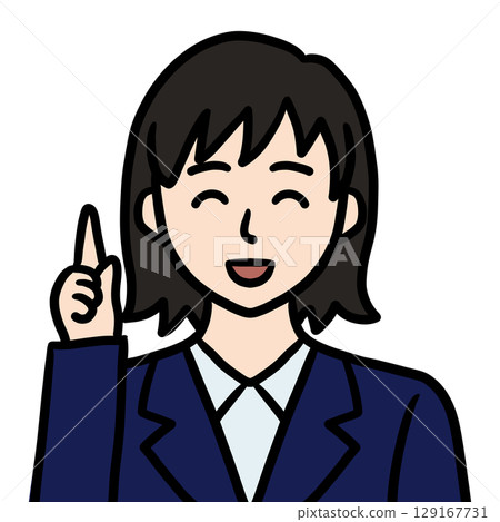 一位穿著西裝的年輕女子指著(微笑) 一位穿著西裝的年輕女子指著(微笑) 129167731