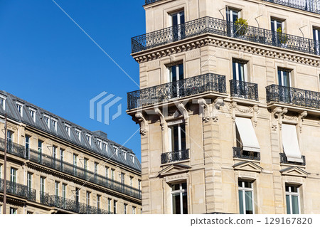 Facade of residential building in Paris, France Facade of residential building in Paris, France 129167820