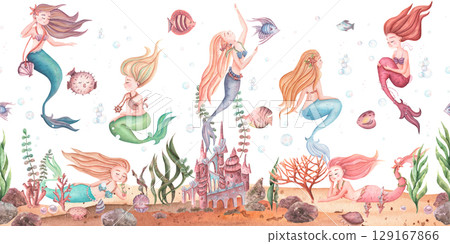Interior sticker watercolor seamless handmade seabed with mermaids and sea creatures. Sea collection hand drawn.  129167866
