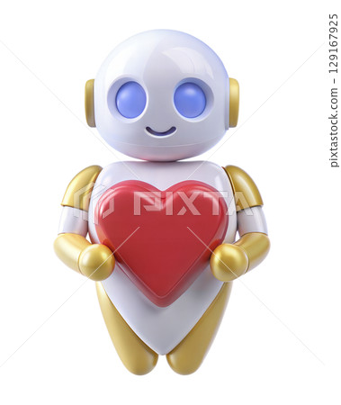 3D futuristic robot with heart isolated on white background 129167925