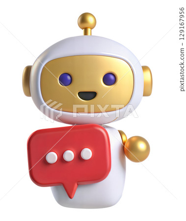 3D robot holding chat bubble with three dots isolated on white background 129167956