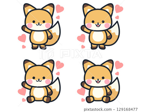 Cute mini fox illustration set with hearts 129168477