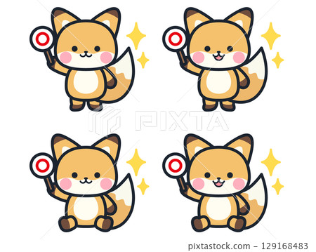 一組可愛的迷你狐狸拿著圓圈的標籤 129168483