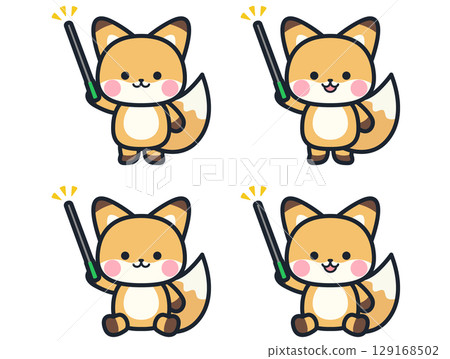 Illustration set of cute mini foxes holding a pointer 129168502