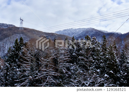 薄薄的積雪覆蓋著樹木和山脈 薄薄的積雪覆蓋著樹木和山脈 129168521