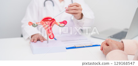 Woman patient consulting doctor with anatomy Uterus and Ovaries. Ovarian and Cervical cancer, Cervix disorder, Endometriosis, Hysterectomy, Uterine fibroids, Reproductive system and Pregnancy concept 129168547