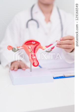 Woman patient consulting doctor with anatomy Uterus and Ovaries. Ovarian and Cervical cancer, Cervix disorder, Endometriosis, Hysterectomy, Uterine fibroids, Reproductive system and Pregnancy concept Woman patient consulting doctor with anatomy Uterus and Ovaries. Ovarian and Cervical cancer, Cervix disorder, Endometriosis, Hysterectomy, Uterine fibroids, Reproductive system and Pregnancy concept 129168549